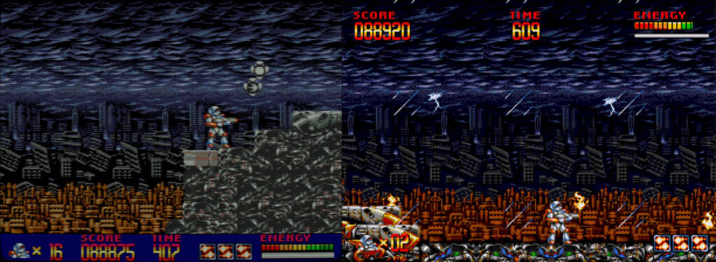 Mega Turrican a la derecha cuenta con más colores, animaciones en el fondo de pantalla, y transparencia detrás de la cantidad de vidas, tiempo y puntaje en comparación con Turrican III a la izquierda.