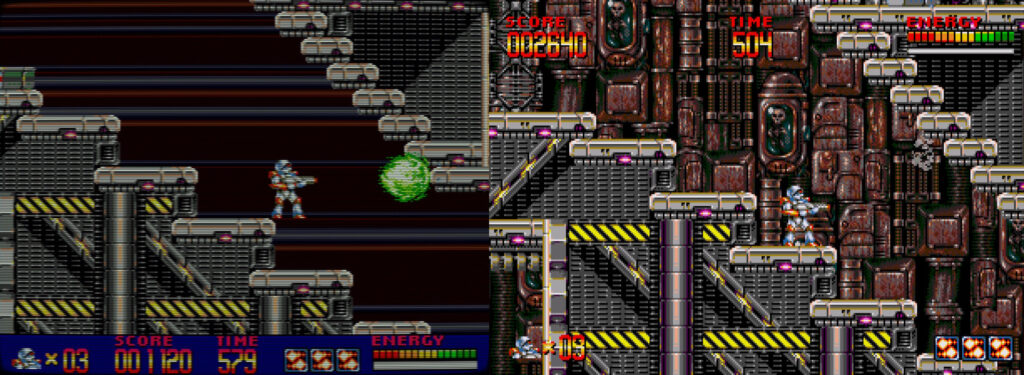 En Mega Turrican a la derecha se nota mucho más detalle en el parallax de fondo y colores más vívidos.