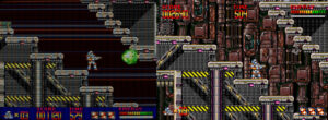 En Mega Turrican a la derecha se nota mucho más detalle en el diseño del nivel y el parallax de fondo.