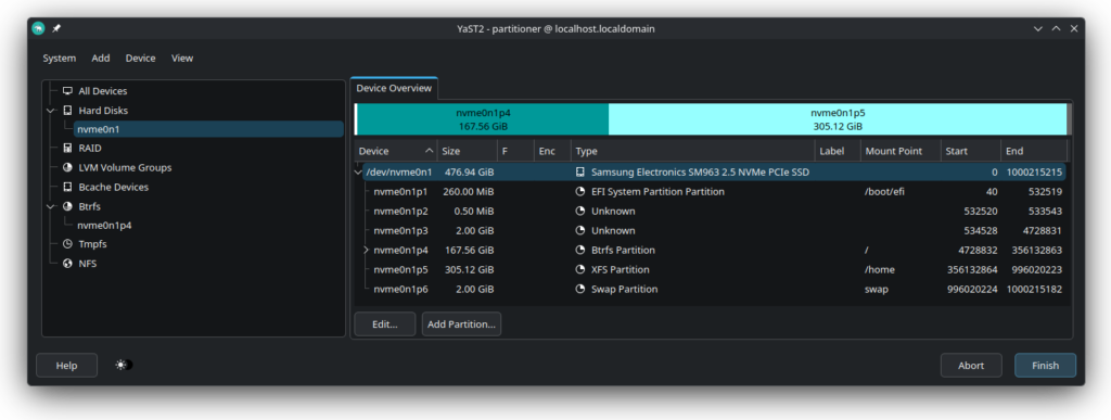 Particiones del disco en openSUSE